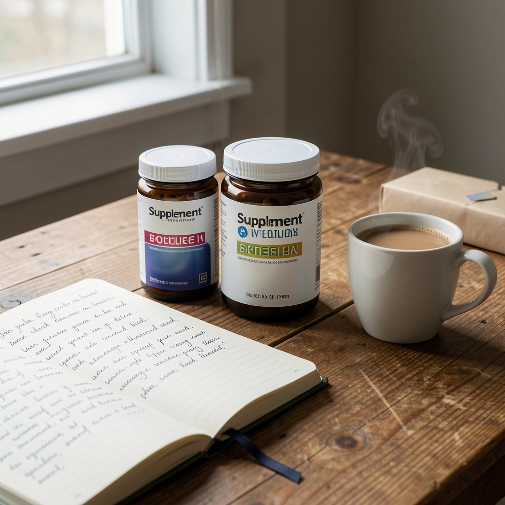 Supplement containers on a wooden desk beside a handwritten journal and morning coffee, editorial composition in natural light