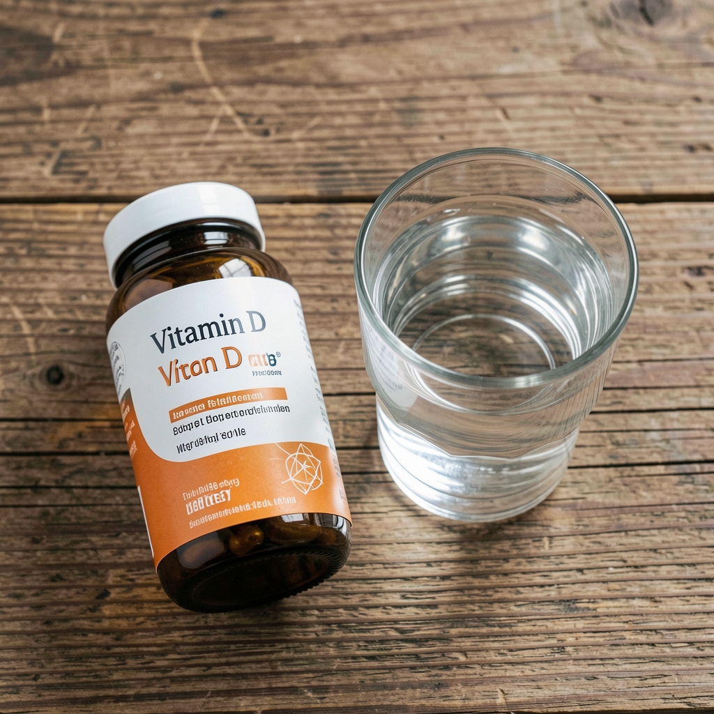 Vitamin D supplement container beside a morning glass of water on a wooden surface, editorial overhead composition