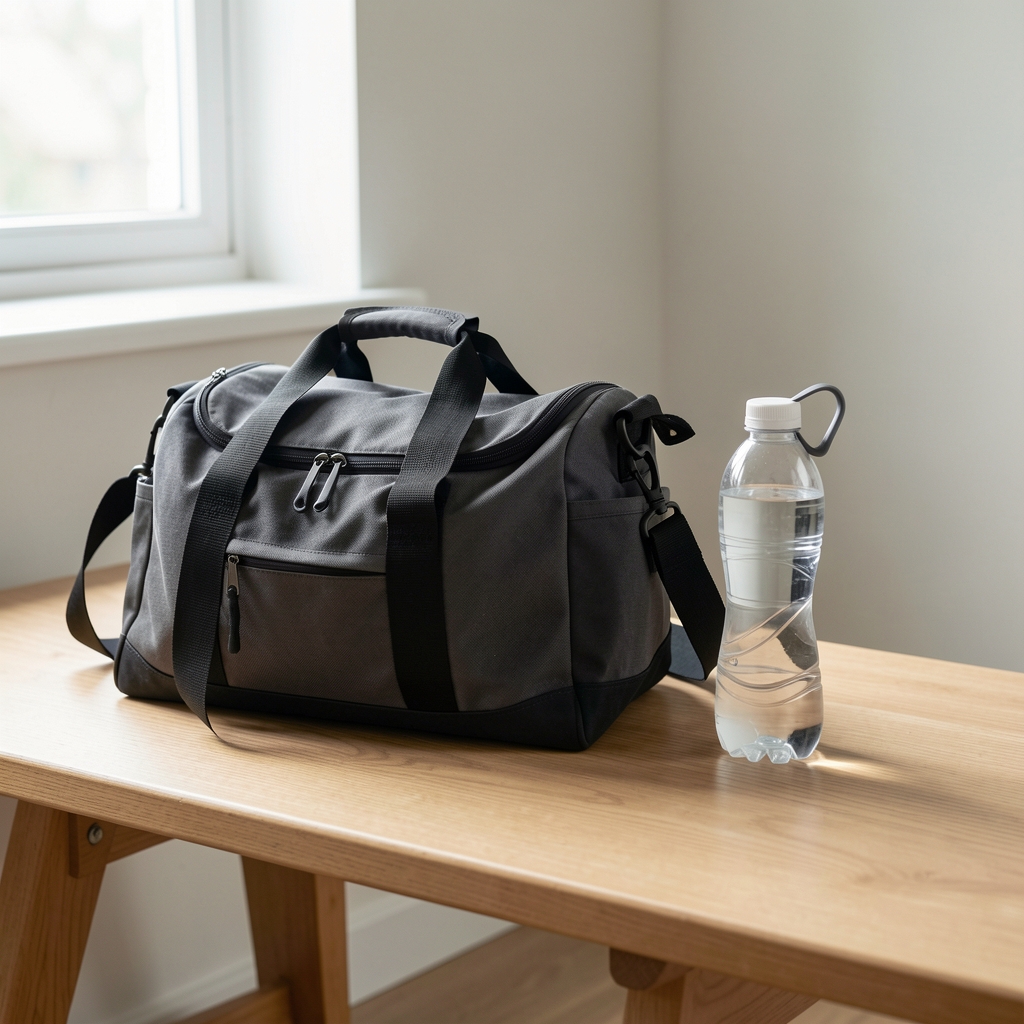 Gym bag and water bottle on a clean bench surface, editorial flat lay, natural window light