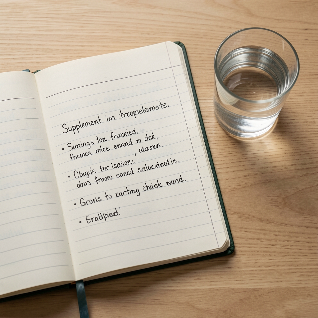 Open notebook with handwritten supplement tracking notes beside a glass of water, editorial overhead composition